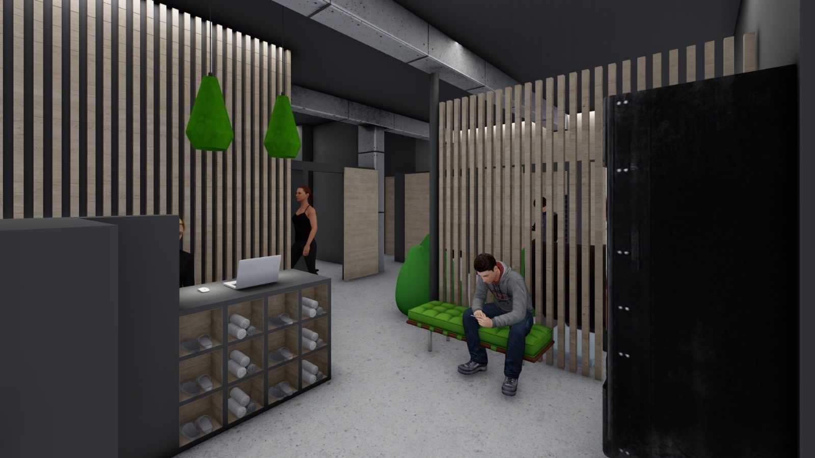 Modern gym reception area with wooden slat walls, green pendant lights, a bench with green cushion where a man sits, and a woman standing near the counter with towels and sneakers.